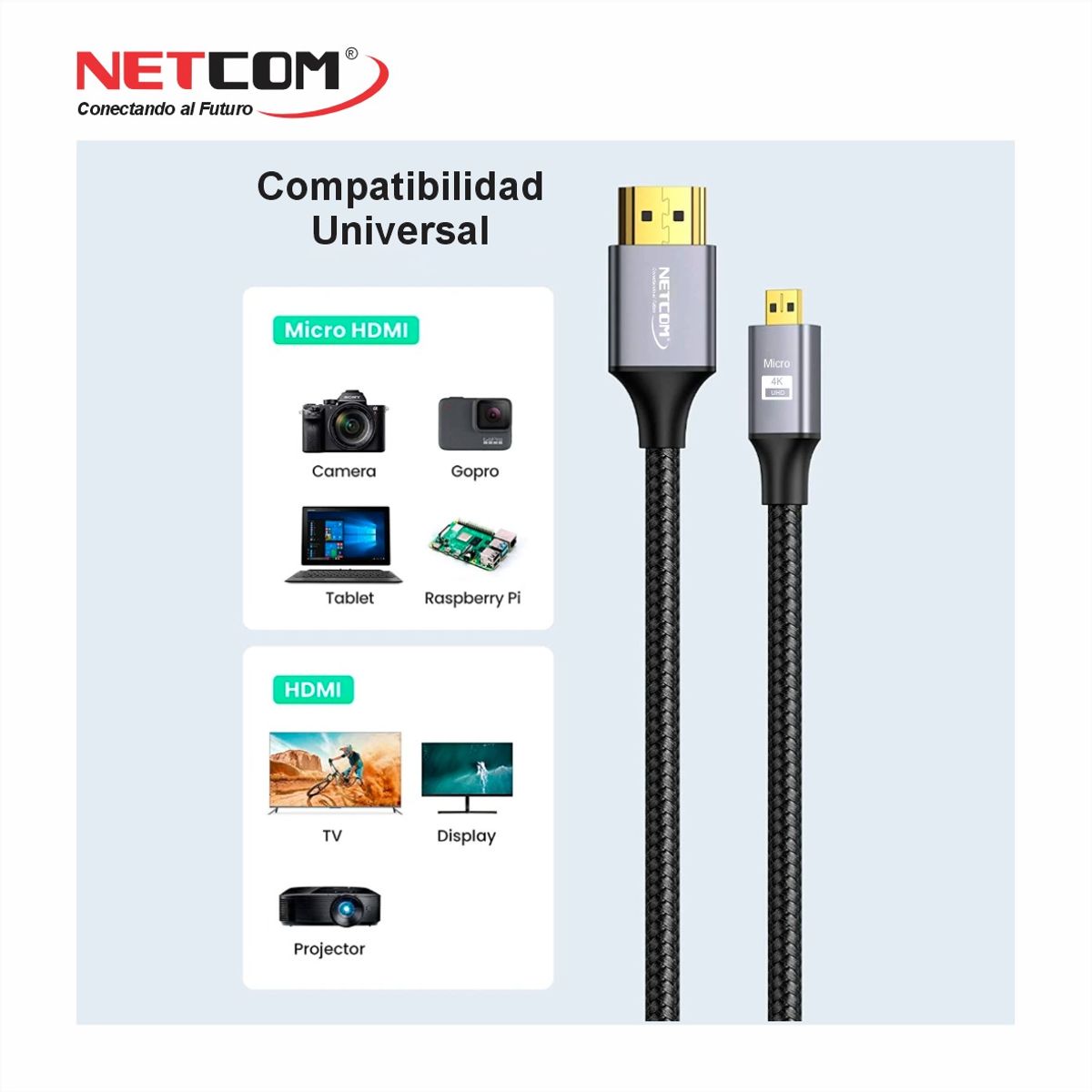 GENERICO - CABLE MICRO HDMI A HDMI DE 3 MTS UHD 4K@60Hz V2.0 - NETCOM
