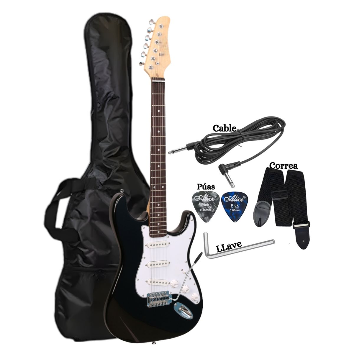 GENERICO - Guitarra Eléctrica Color Negro Incluido Correa&Funda&Cable&Púa&LLaves