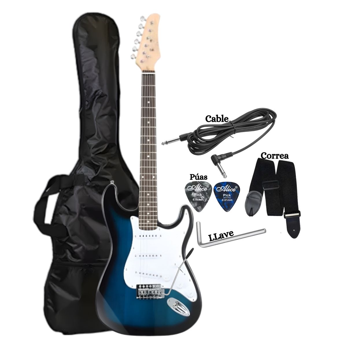GENERICO - Guitarra Eléctrica Color Azúl Incluido Correa&Funda&Cable&Púa&LLaves