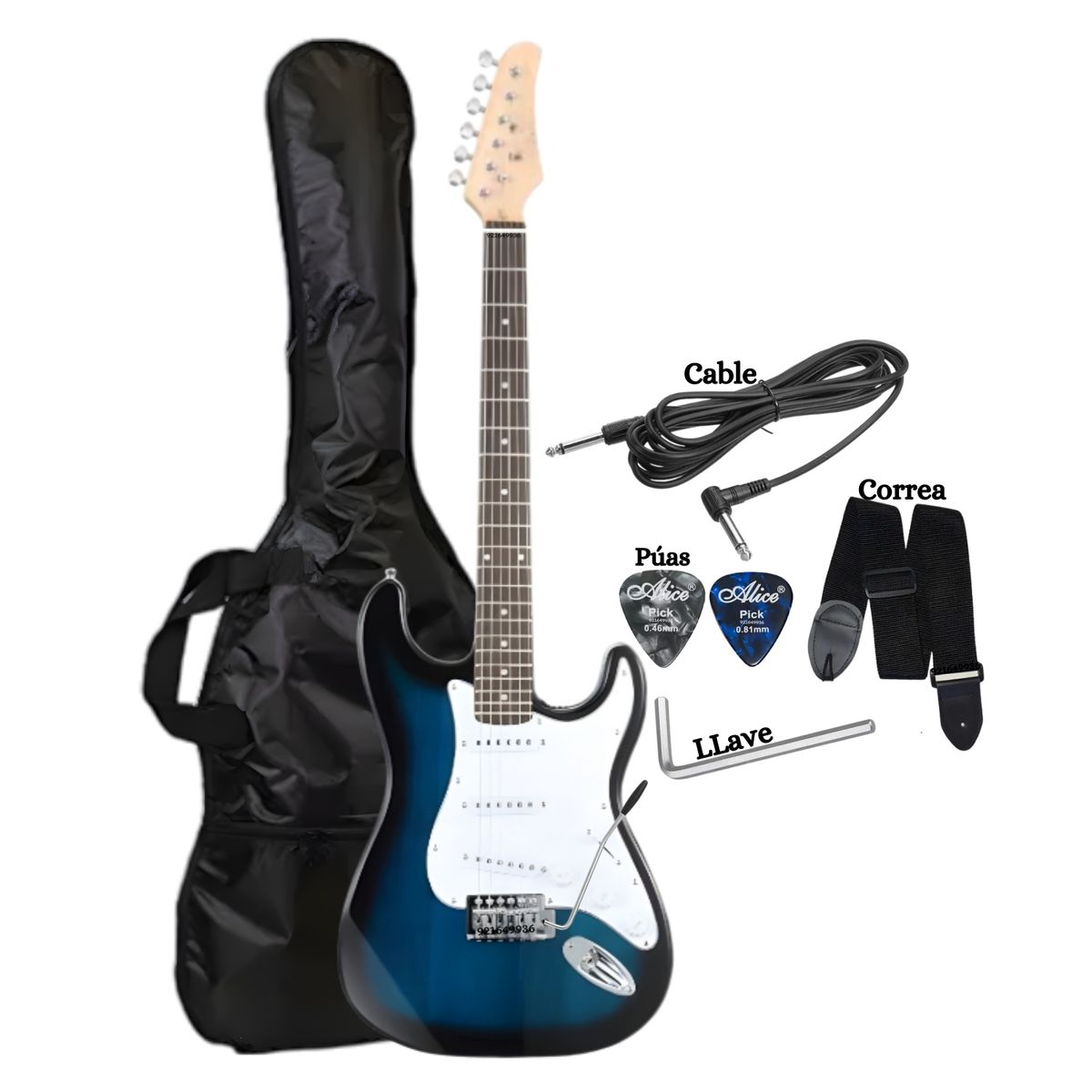 GENERICO - Guitarra Eléctrica Color Azúl Incluido Correa&Funda&Cable&Púa&LLaves