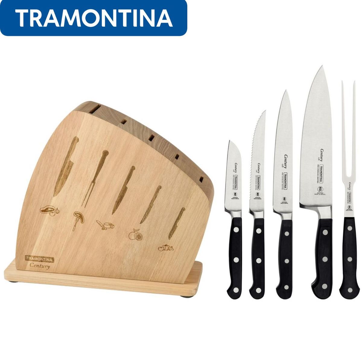 TRAMONTINA - Juego de Cuchillos de Acero Inoxidable con Taco de Madera Century 6 piezas-Tramontina