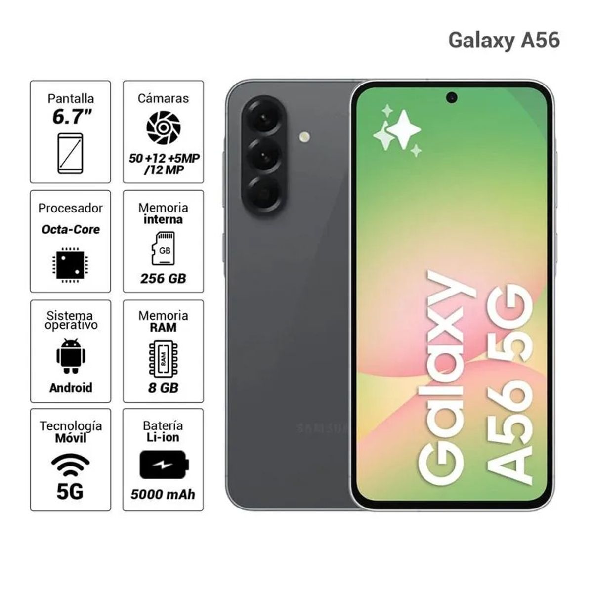 SAMSUNG - SAMSUNG GALAXY A56 5G 8GB RAM 256GB BLACK + CARGADOR SAMSUNG 25W