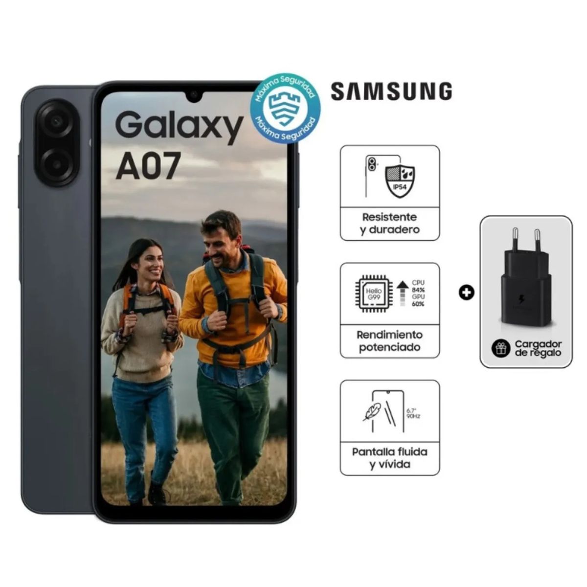 SAMSUNG - Samsung Galaxy A07 128GB 4GB Negro + CARGADOR 15W SAMSUNG