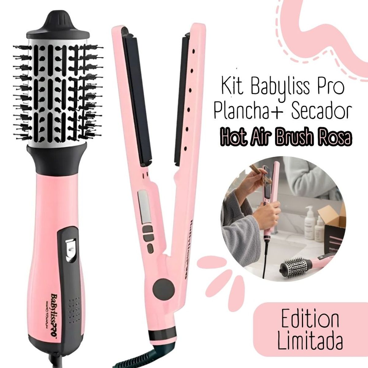 BABYLISS PRO - Combo BabylissPro Plancha Ionica + Cepillo Electrico PINK BLACK