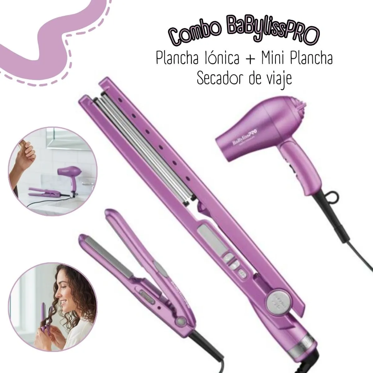Babyliss Pro - Combo BaBylissPRO Plancha Iónica + Mini Plancha + Secador de viaje