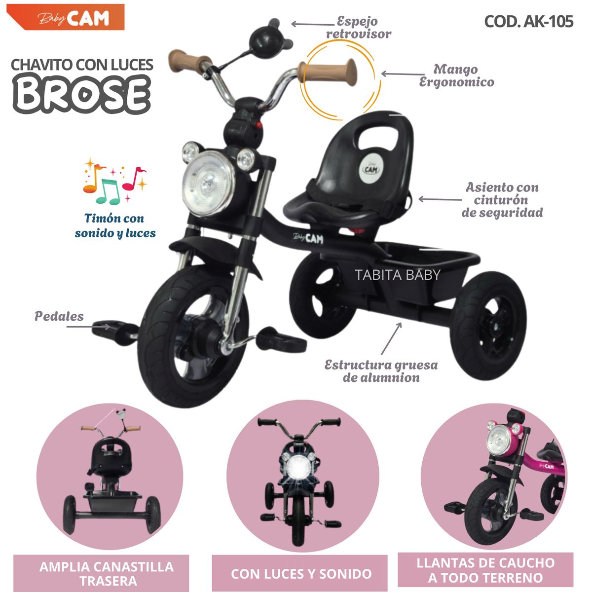 Baby - Triciclo Chavito con Luces y Sonido Brosen Negro