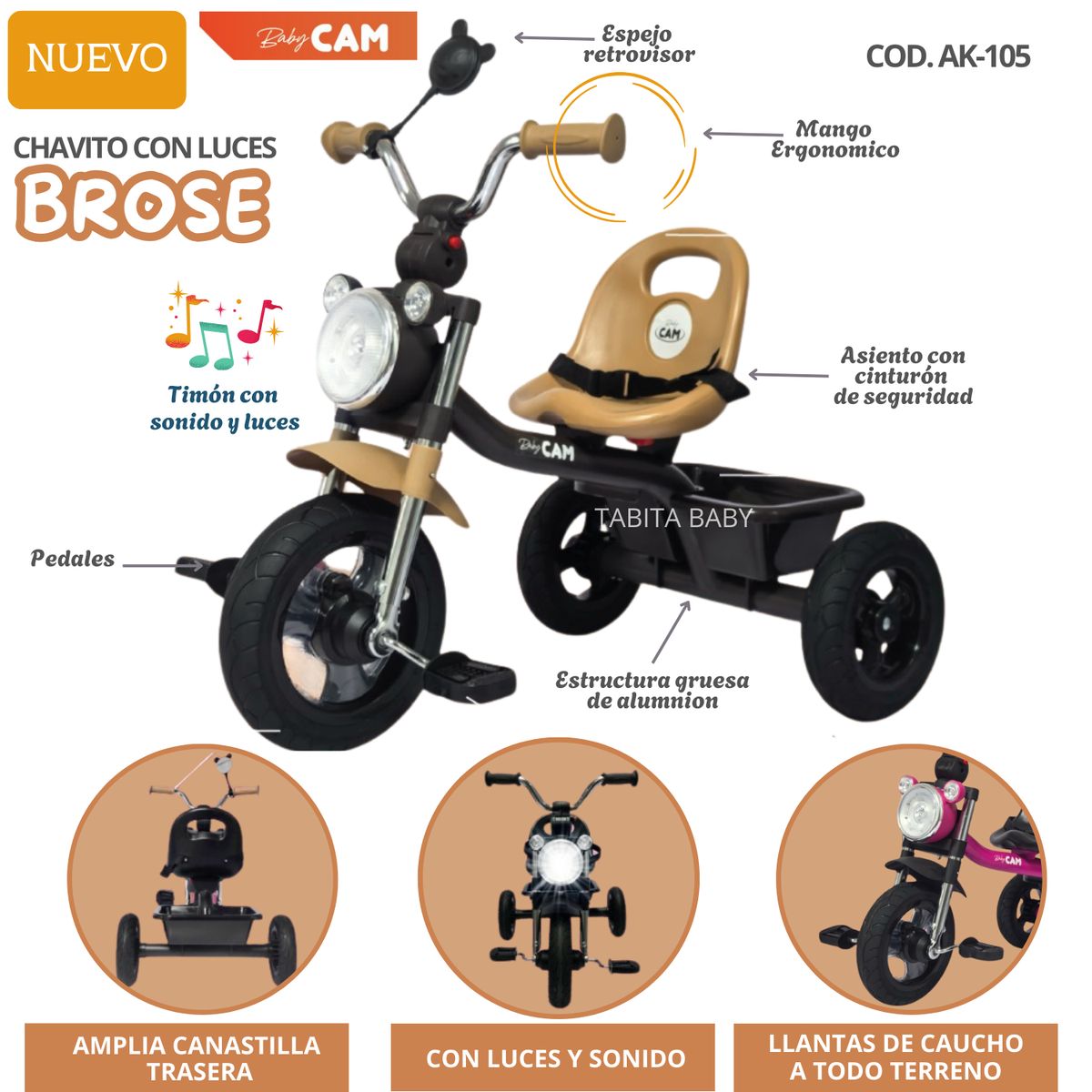 Triciclo Chavito con Luces y Sonido Brosen Beige, marca Baby - Foto Principal