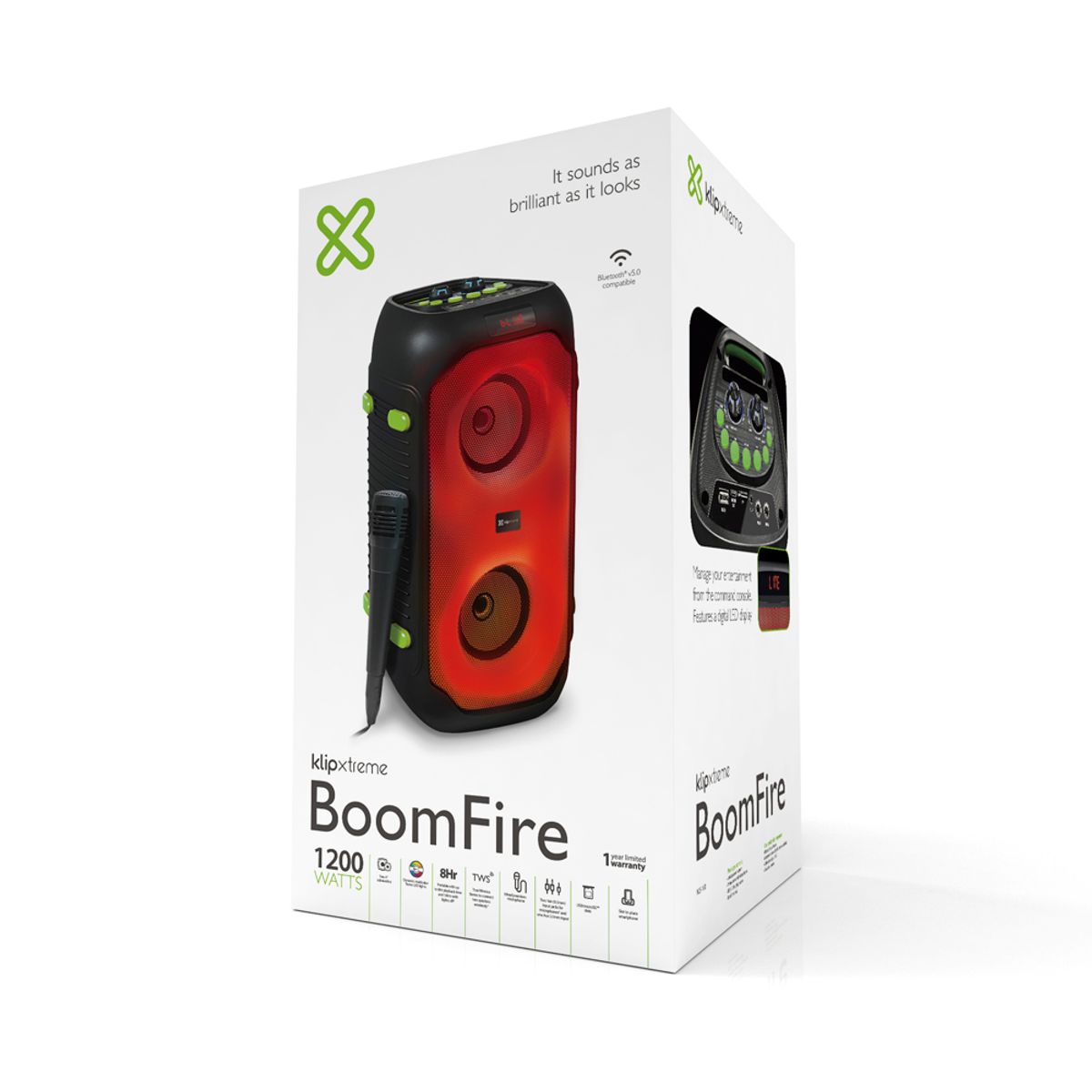 KLIP XTREME - Parlante Klip Xtreme Kls-100 Boomfire 1200W Con Micrófono, Radio Fm, Usb, Sd Y Bluetooth -