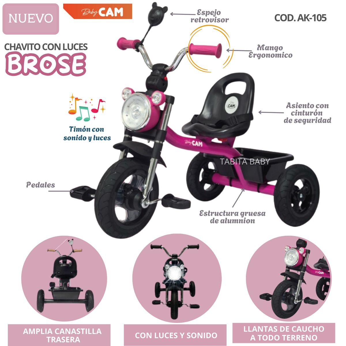 CAM - Triciclo Chavito de Aluminio para niños Brosen Rosado