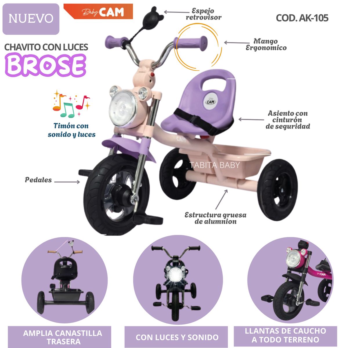 CAM - Triciclo Chavito de Aluminio para niños Brosen LILA