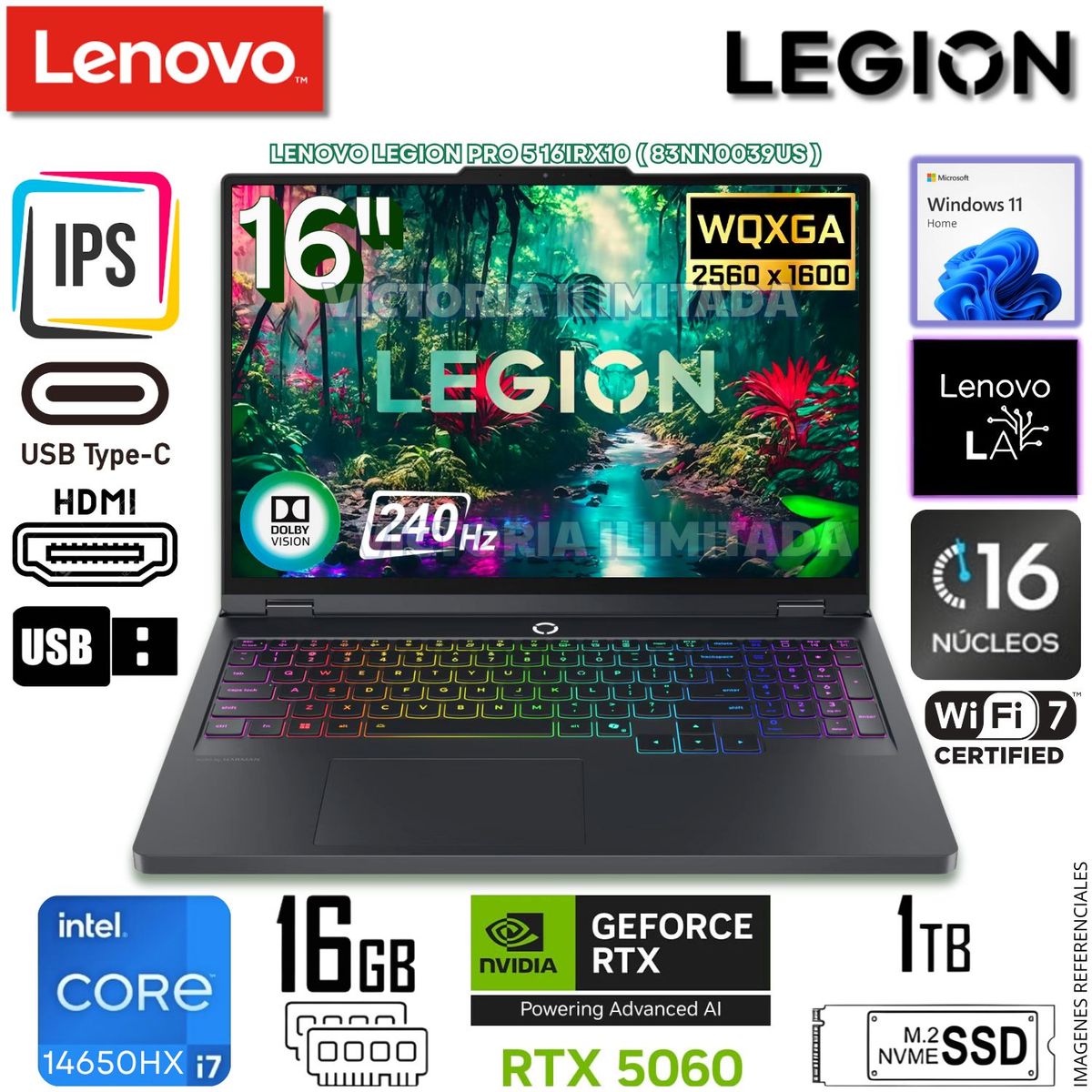 LENOVO - Laptop Gamer Lenovo Legion Pro 5 16IRX10 Intel® Core™ i7 14650HX 16GB DDR5 1TB SSD NVIDIA RTX5060 16"WQXGA
