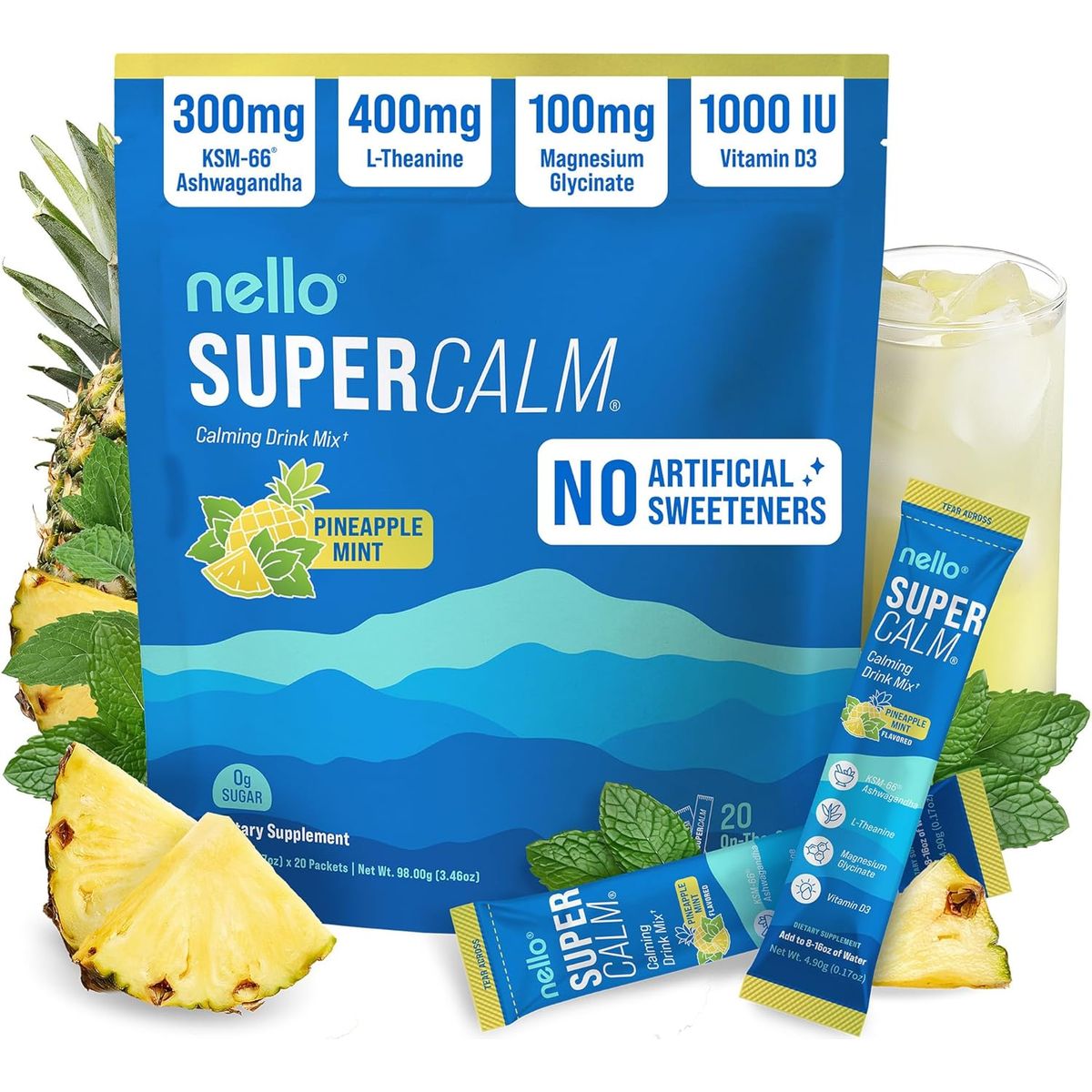 GENERICO - Nello Supercalm - Mezcla de bebida en polvo reductor de cortisol y suplemento para ayudar al sueño