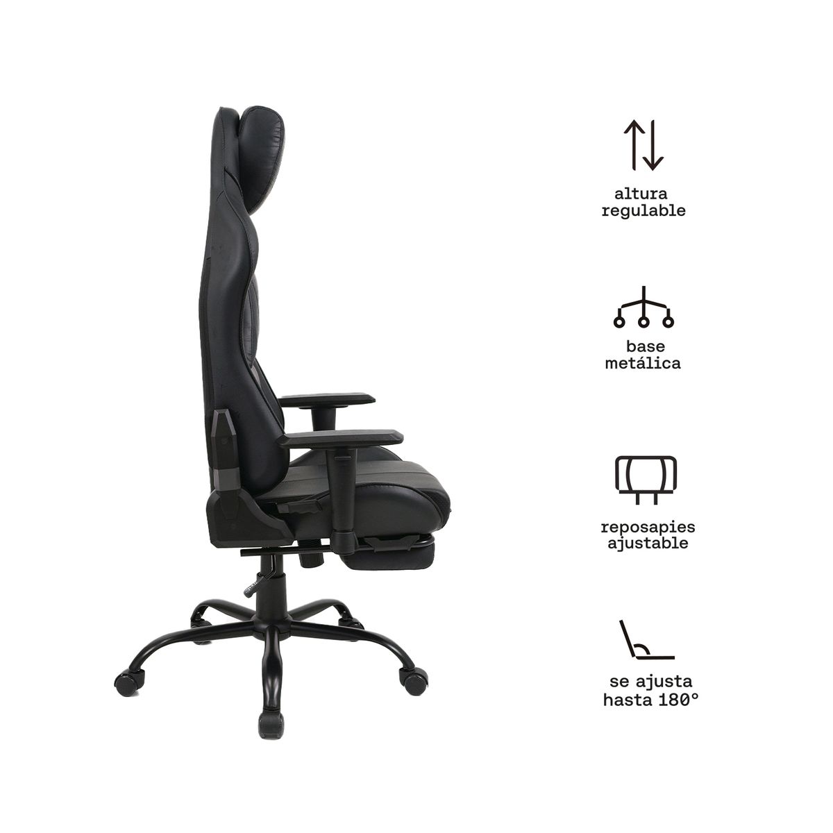 KUZLER - Silla Gamer Ergonómica Negra DRAKTAR2-N con Reposapiés y Reclinación 180°