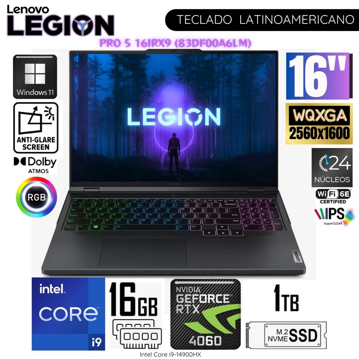 LENOVO - Laptop Lenovo Legion Pro 5 16IRX9 Intel Core i9-14900HX 16GB RAM 1TB SSD RTX4060-8GB 16"  WQXGA IPS WIN11