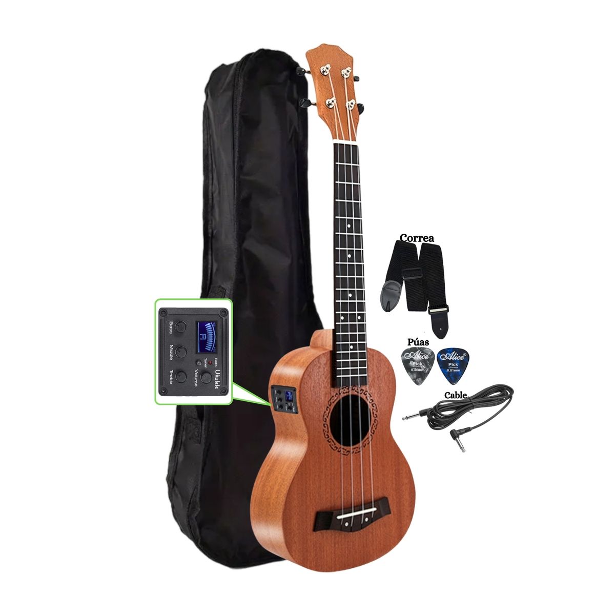 GENERICO - UKELELE ELECTROACUSTICO CONCIERTO con Afinador&Funda&Cable Correa&Puas