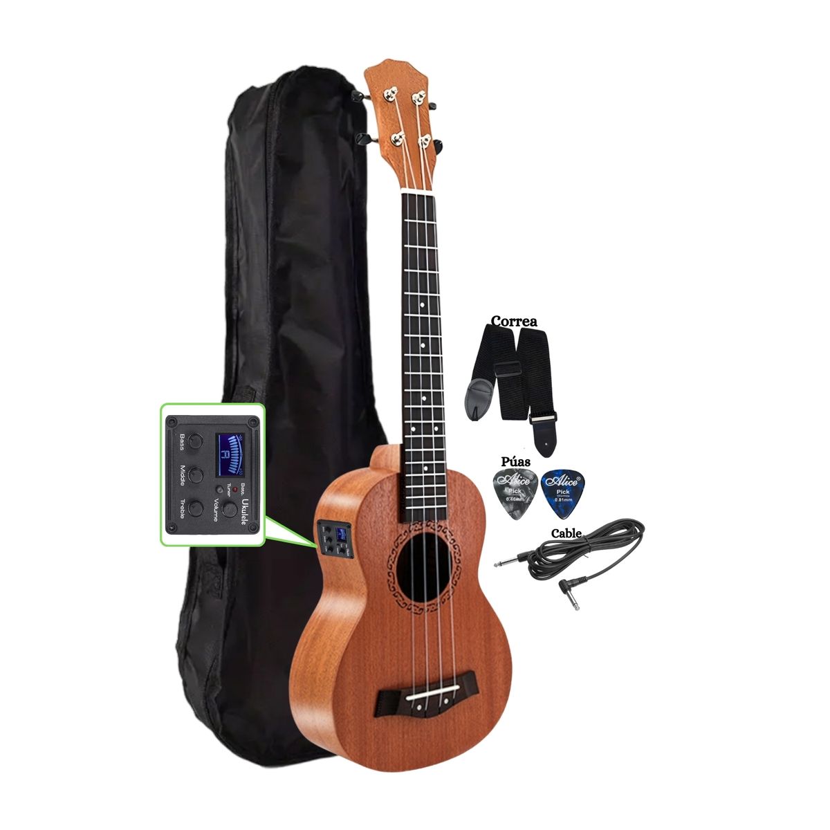 GENERICO - UKELELE ELECTROACUSTICO CONCIERTO con Afinador&Funda&Cable Correa&Puas