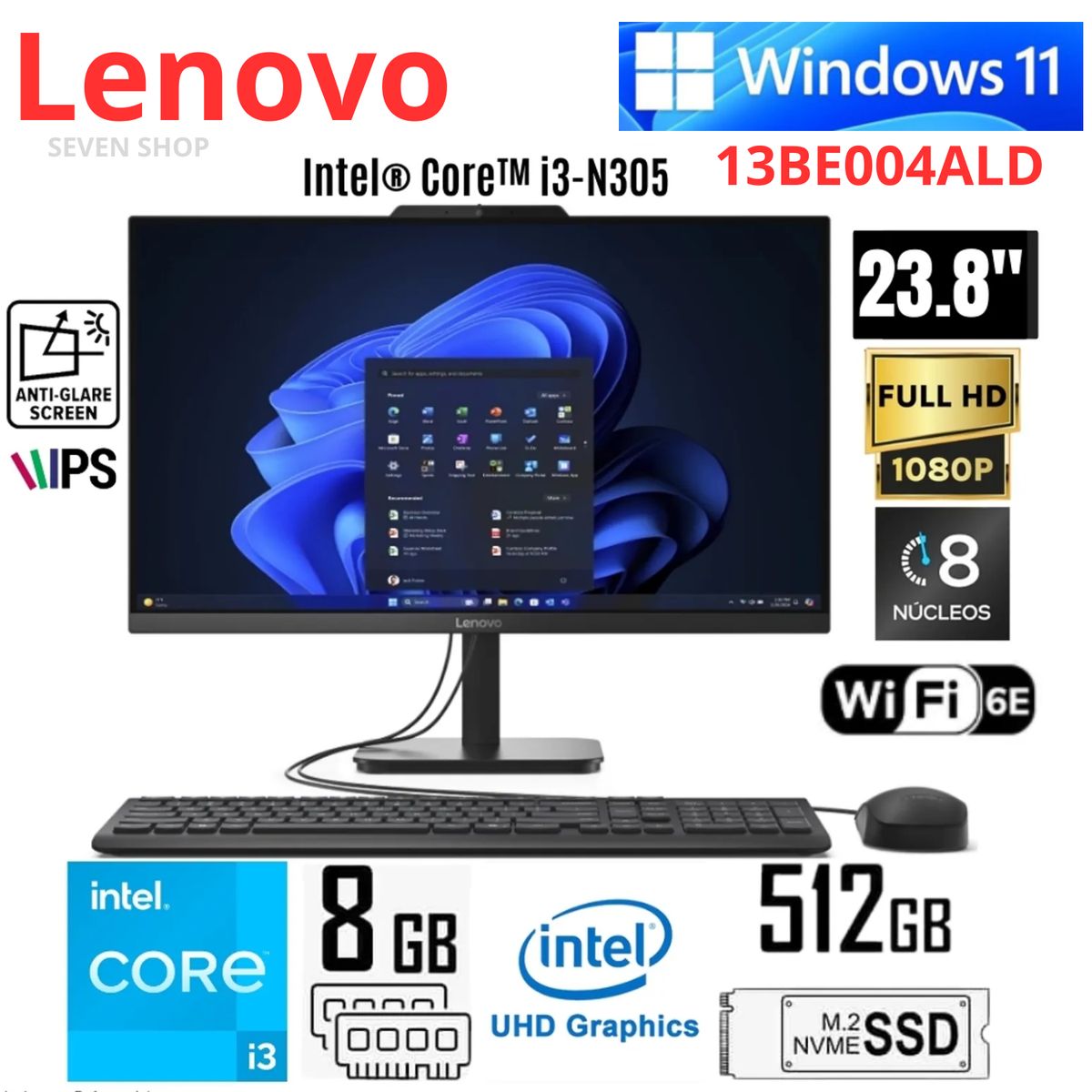 LENOVO - All in One Lenovo V100 Intel Core i3-N305 8GB RAM 512GB SSD 238 FHD IPS