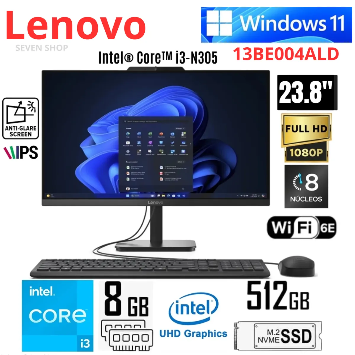 LENOVO - All in One Lenovo V100 Intel Core i3-N305 8GB RAM 512GB SSD 238 FHD IPS