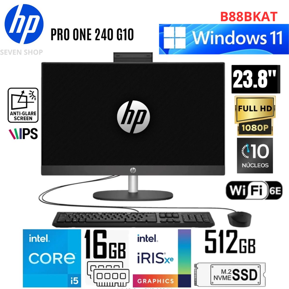 HP - ALL IN ONE HP Pro One 240 G10 i51335U 23.8" FHD 16GB 512GB FREEDOS B88BKAT#ABM