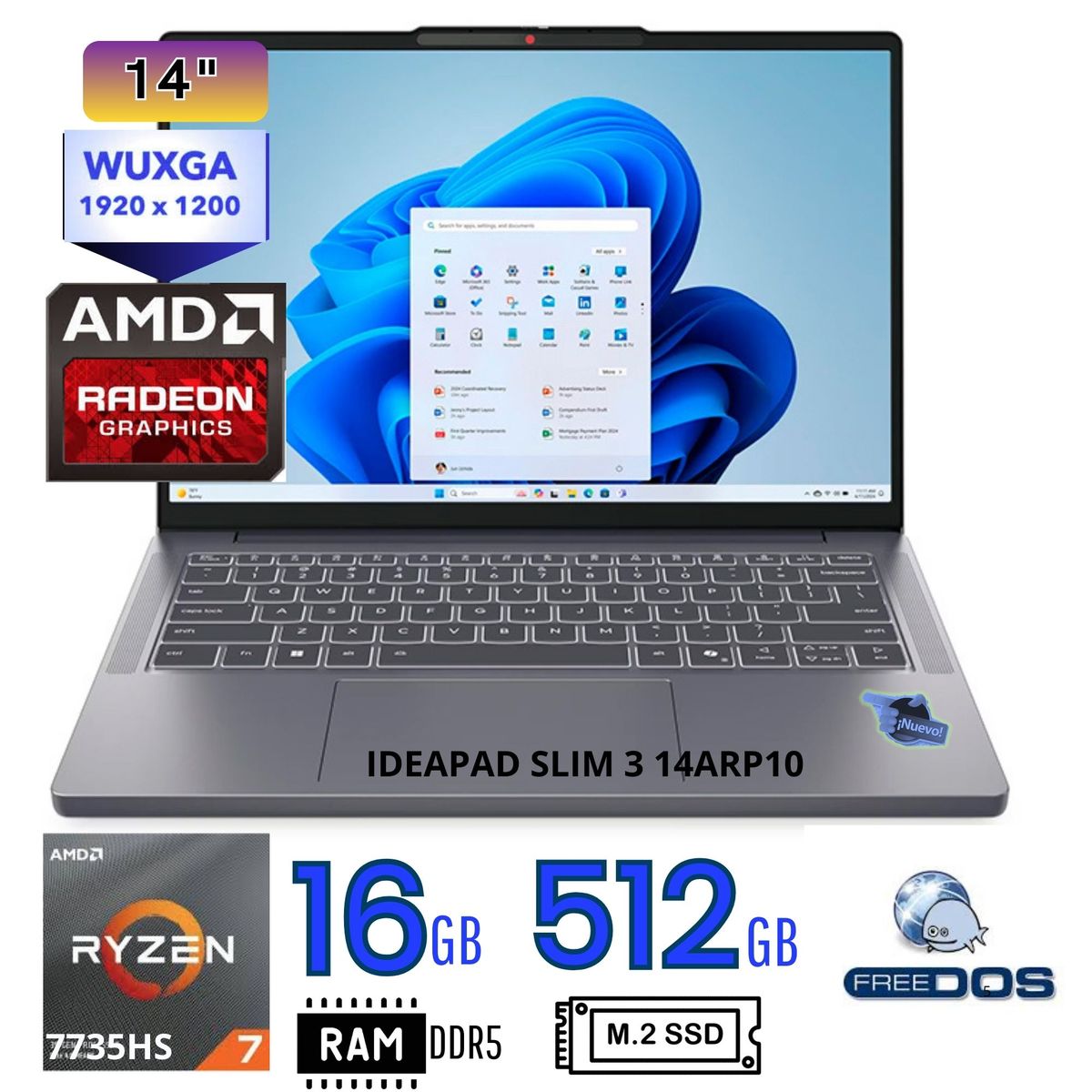 LENOVO - Laptop LENOVO ,IDEAPAD SLIM 3 14ARP10, AMD RYZEN 7 7735HS , Ram 16GB, SSD 512GB. 14"WUXGA