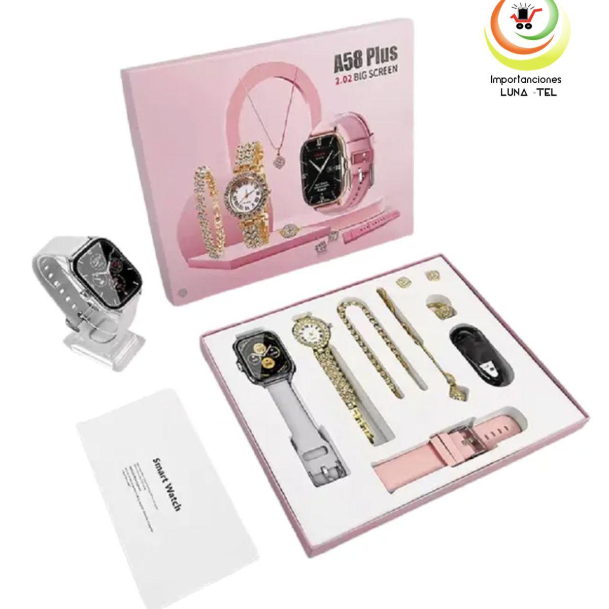 GENERICO - SMART WATCH A58 PLUS CON ACCESORIOS DORADOS 7 EN 1