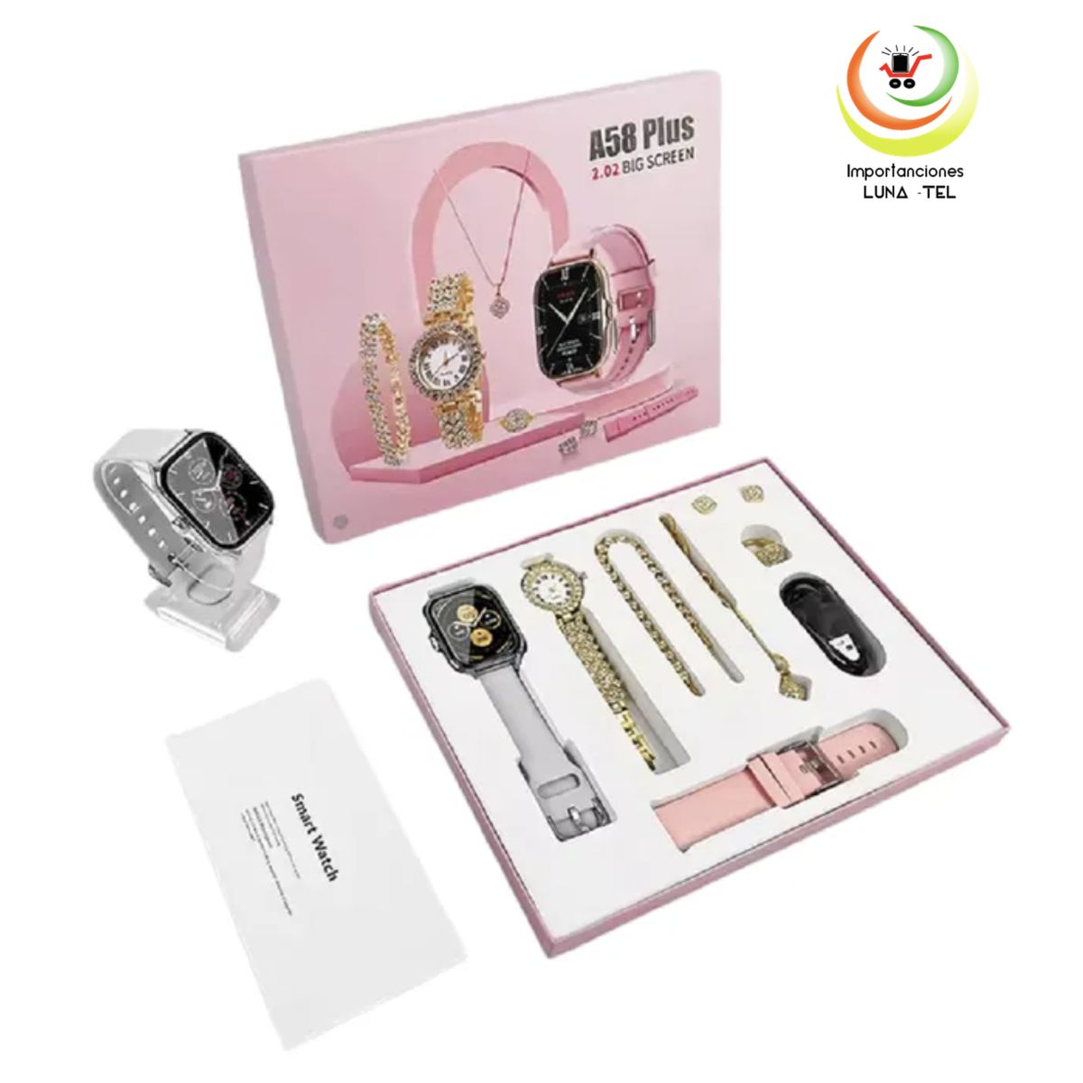 GENERICO - SMART WATCH A58 PLUS CON ACCESORIOS DORADOS 7 EN 1