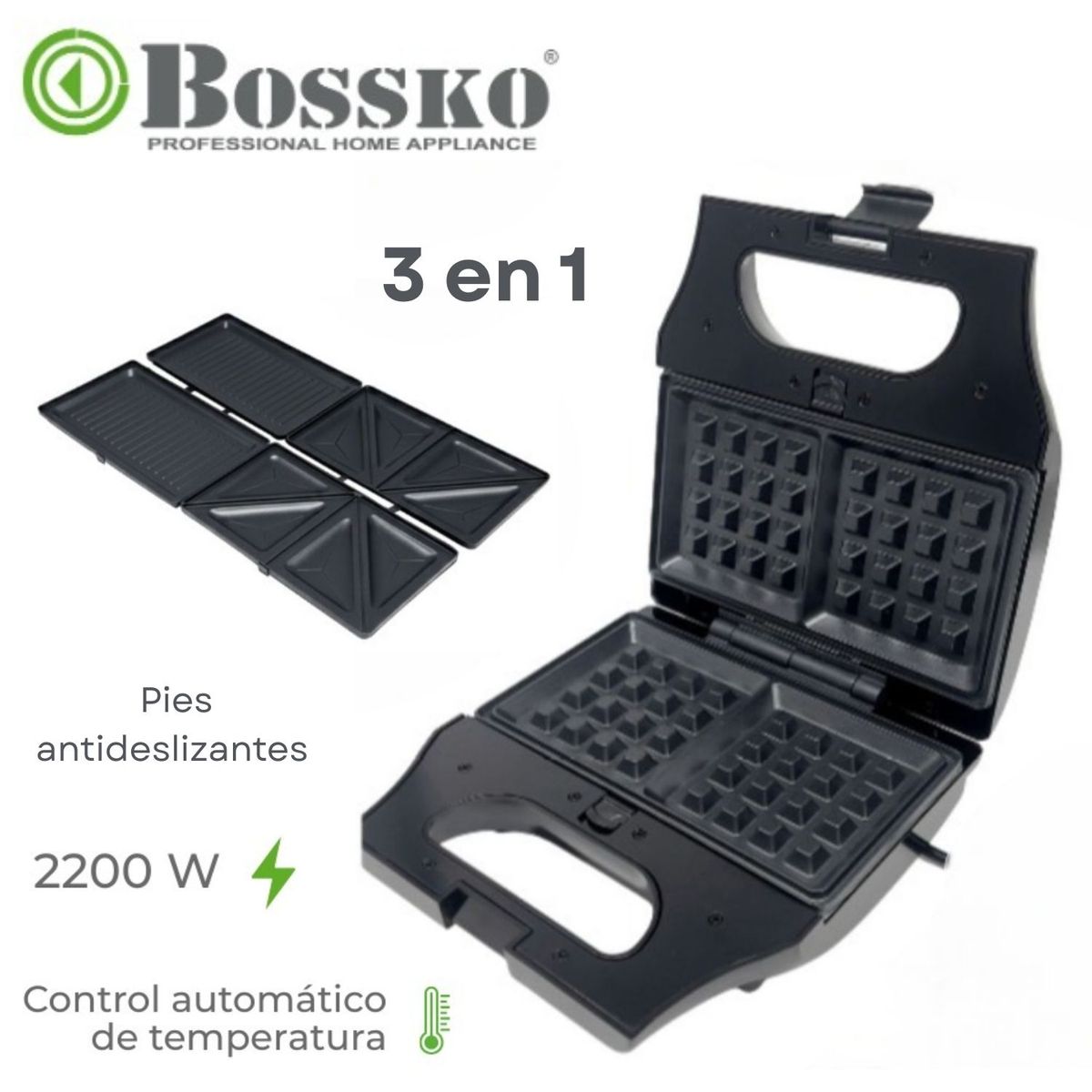 BOSSKO - Sandwichera Bossko Intercambiables para Waffles y Grill  3 en 1 Negro