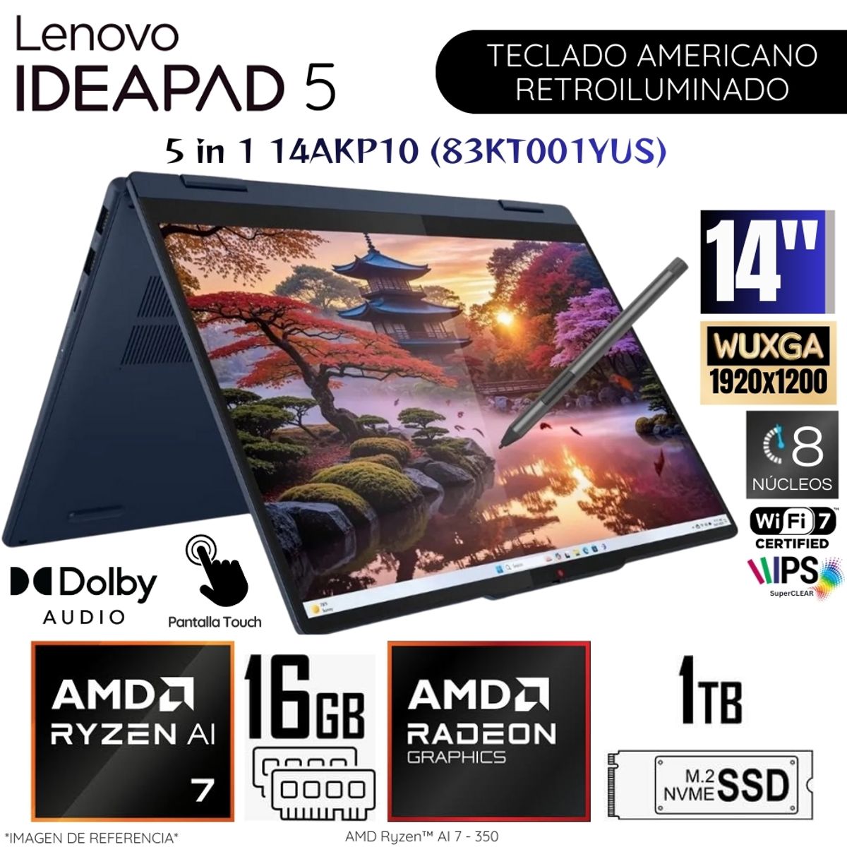 LENOVO - Laptop Lenovo IdeaPad 5 2 en 1 14AKP10 AMD Ryzen AI 7 350 16GB DDR5 RAM 1TB SSD 14"  WUXGA Touch