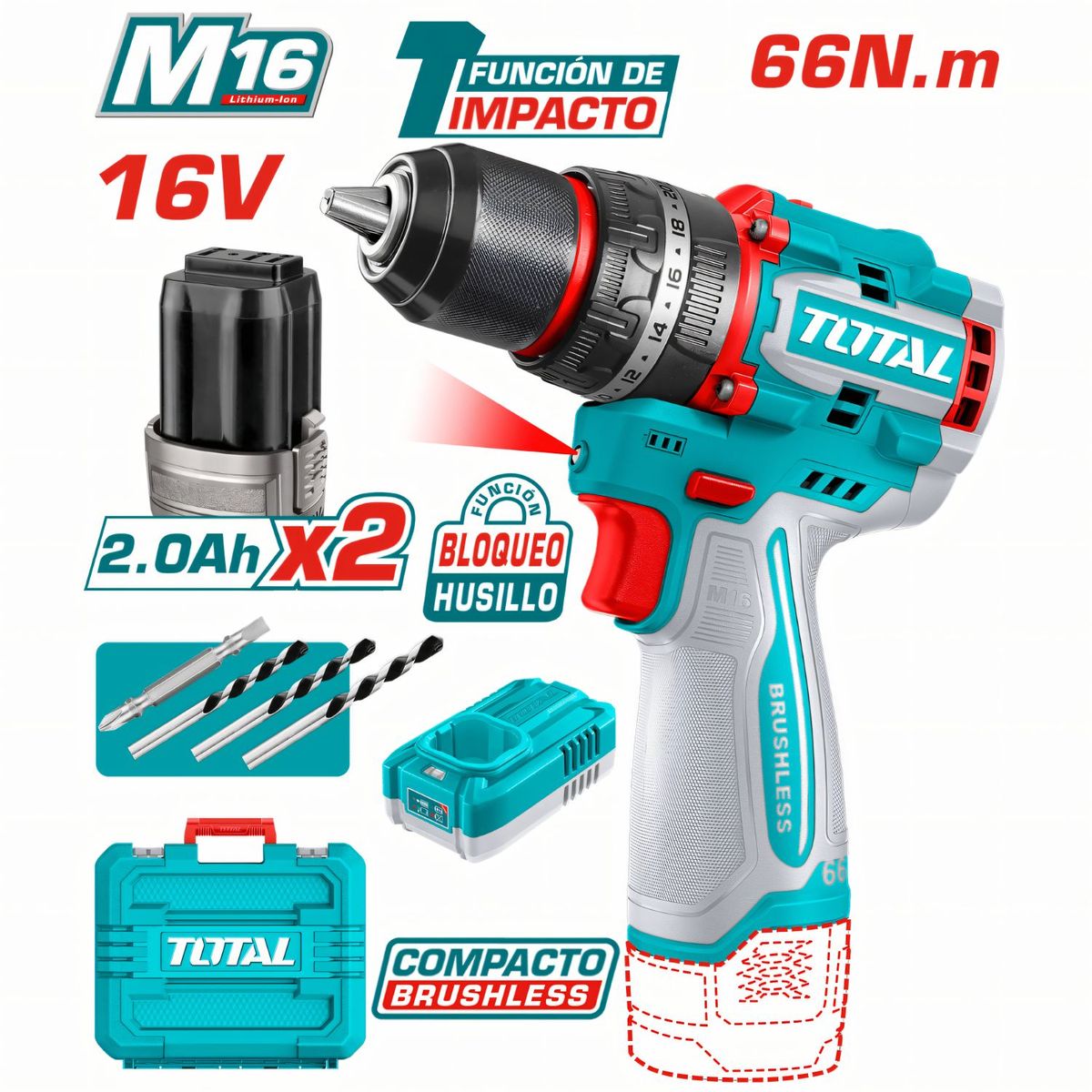 TOTAL TOOLS - Taladro Percutor Y Atornillador Inalámbrico 16v 66Nm Total - TIDLI166062