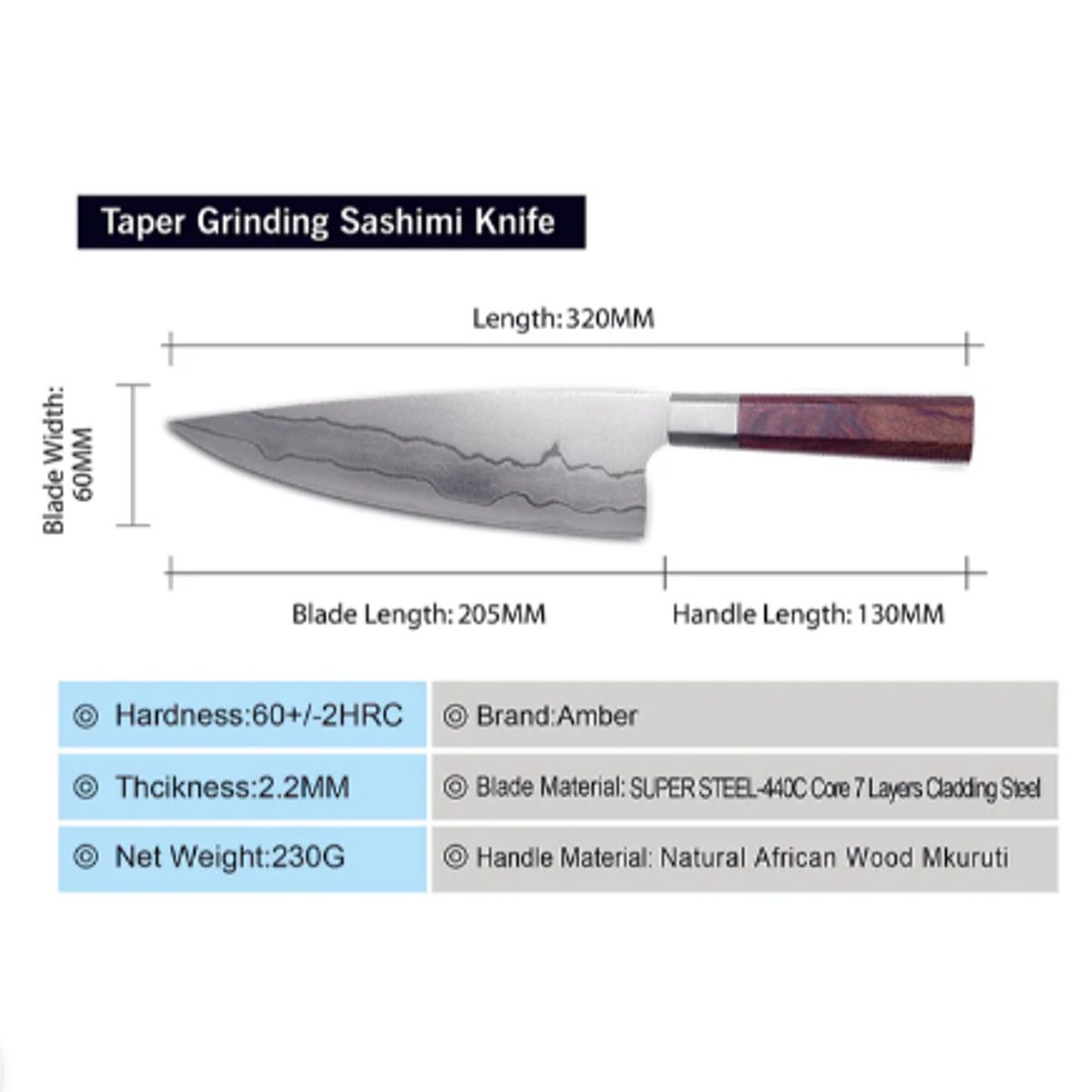 GENERICO - Cuchillo Chef Gyuto Chef 8 Acero Damasco 440C estilo Japones