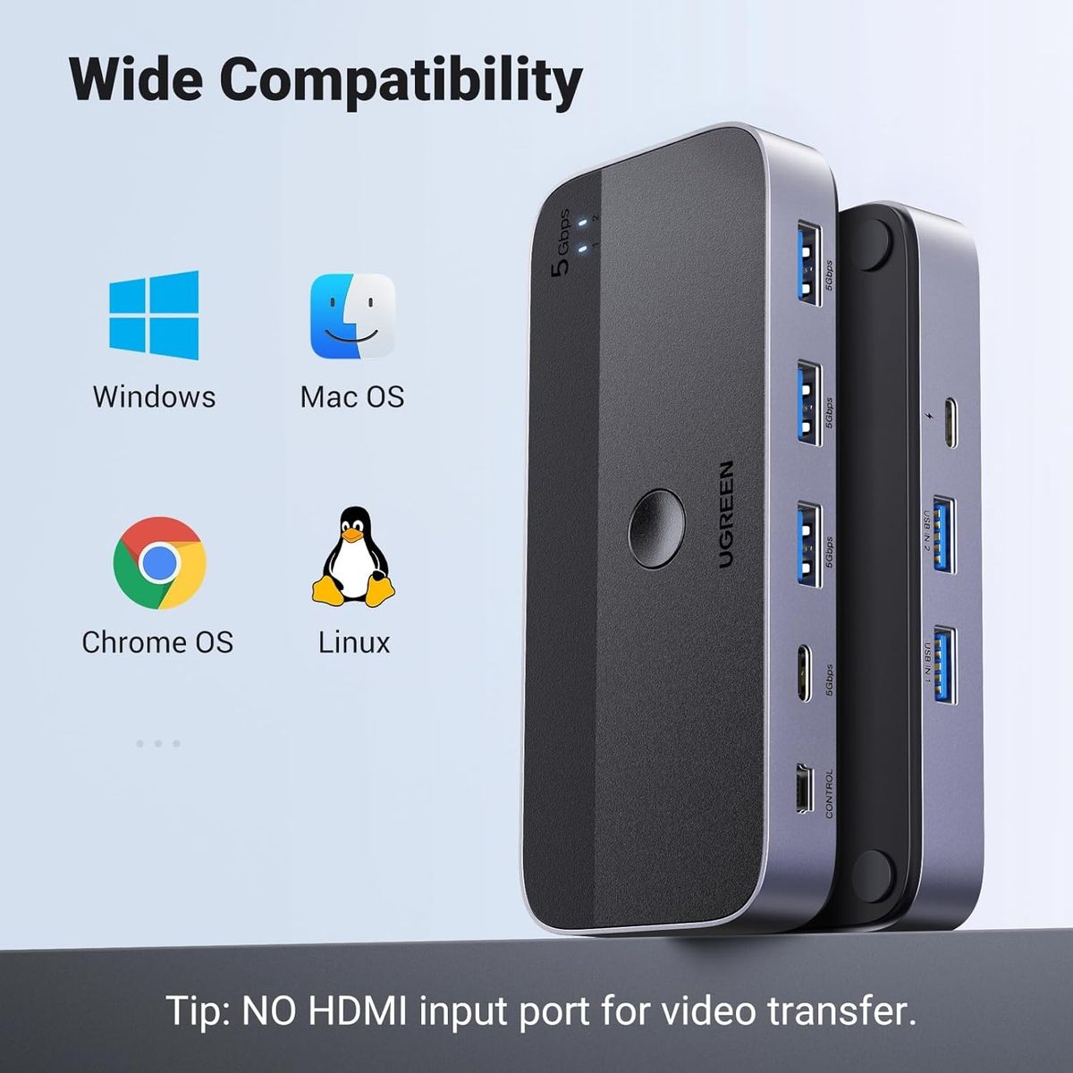 UGREEN - Conmutador Switch USB 3.0 conectar 2 PC con un solo teclado, mouse