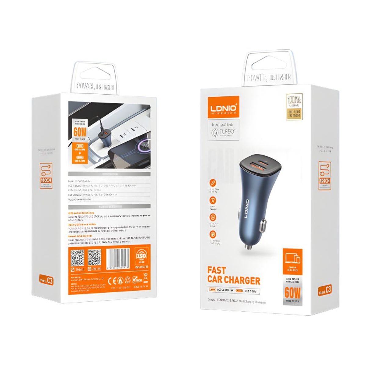 LDNIO - Cargador de Carro Carga Rápida 60W PD+QC Azul