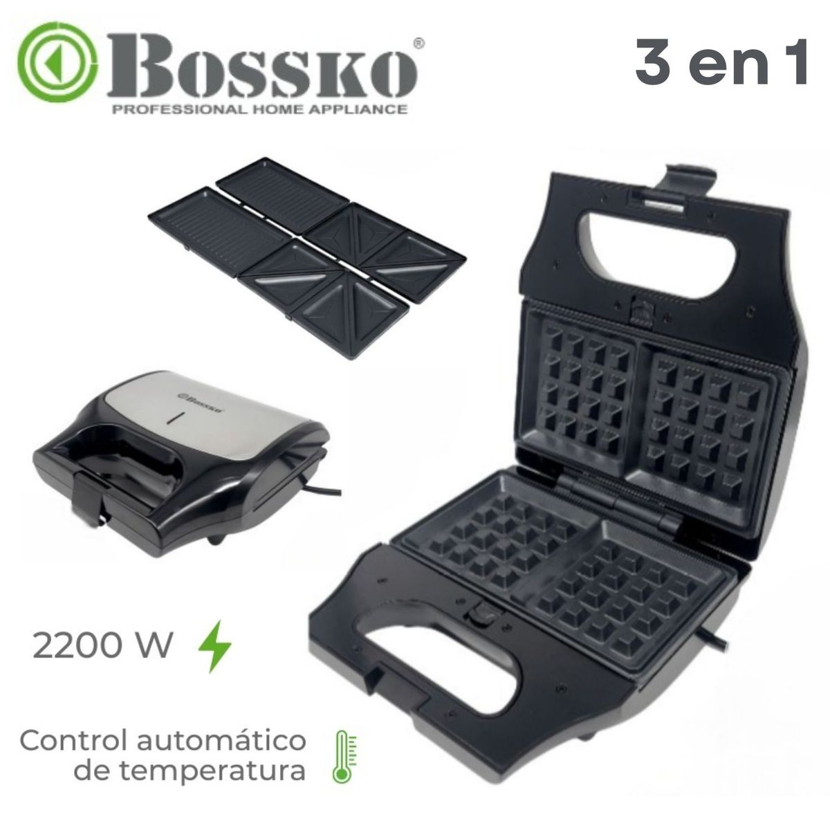 BOSSKO - Waffles Bossko Intercambiables para Sandwichera y Grill  3 en 1 Negro