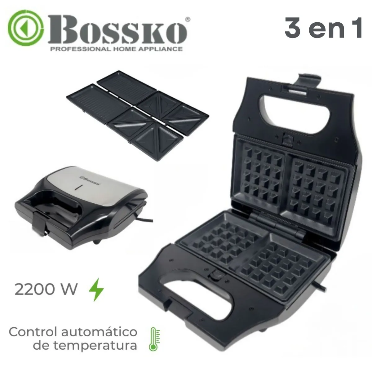 BOSSKO - Waffles Bossko Intercambiables para Sandwichera y Grill  3 en 1 Negro