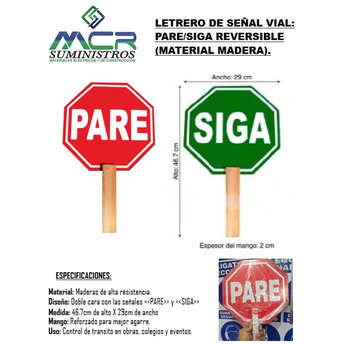 GENERICO - LETRERO DE SEÑAL VIAL PARE Y SIGA REVERSIBLE MATERIAL MADERA