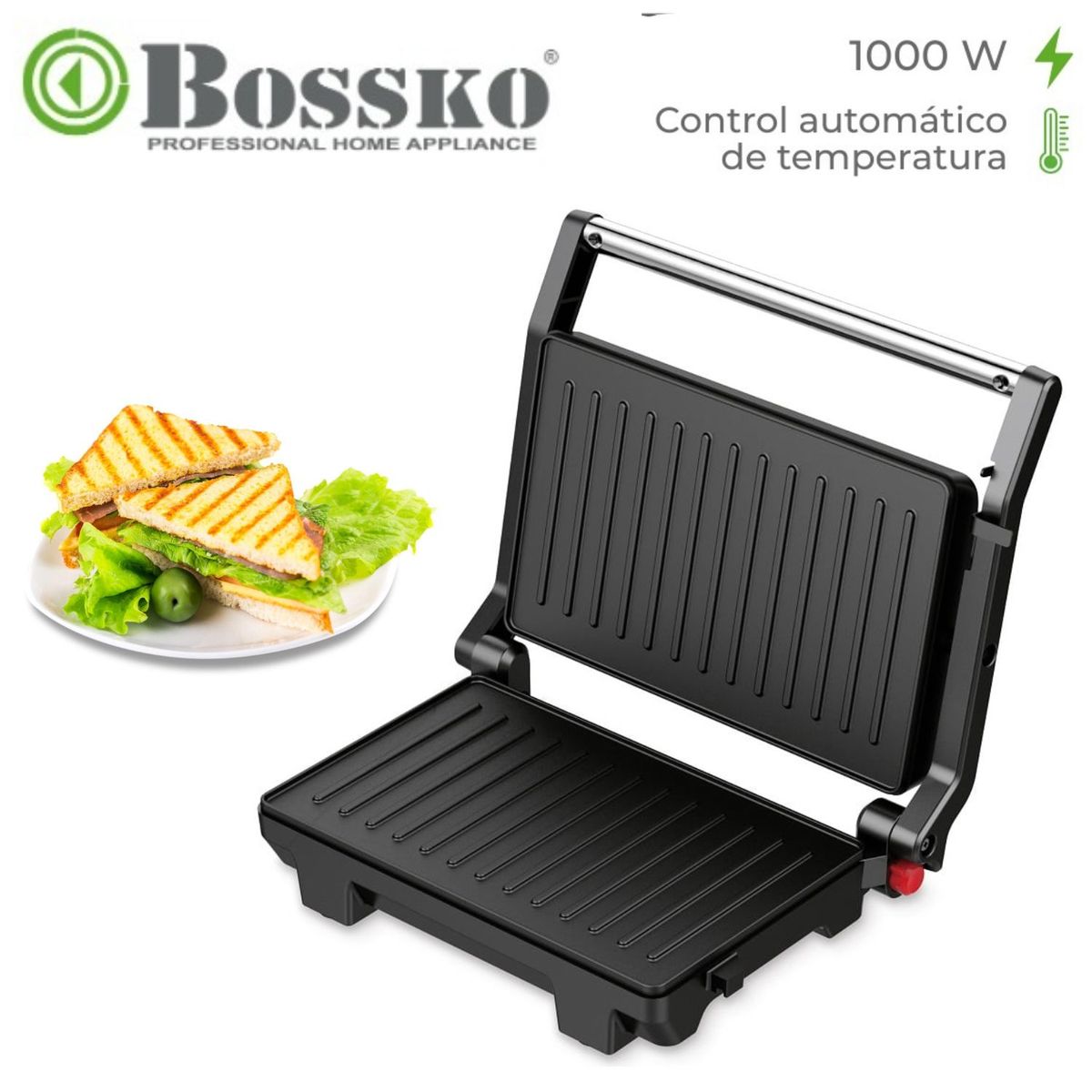 BOSSKO - Mini grill Panini Bossko BK-435GP Antiadherente 1000w Negro