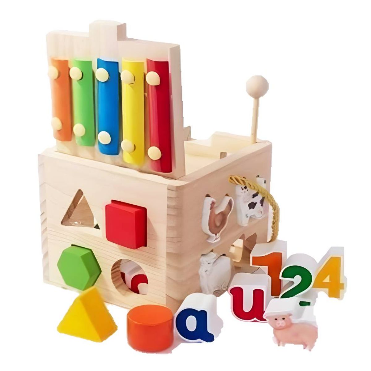 GENERICO - Cubo Didáctico de Madera con Xilófono Vocales y Números para Niños