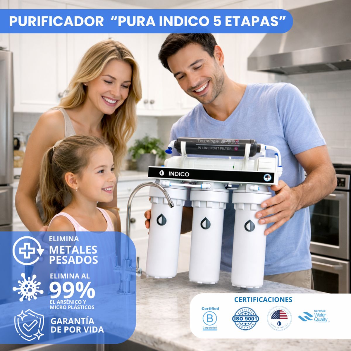 PURA - PURIFICADOR DE AGUA PURA INDICO 5 ETAPAS – ELIMINACIÓN DE CLORO Y METALES PESADOS, SIN ELECTRICIDAD.