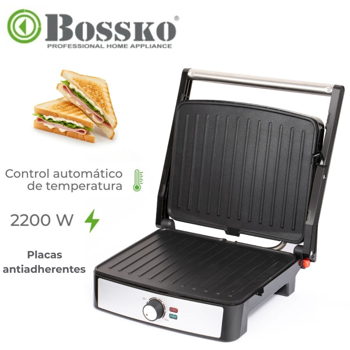 BOSSKO - Grill panini Boskko BK 430SG 2200 Watts 23 x 29cm Antiadherente Negro