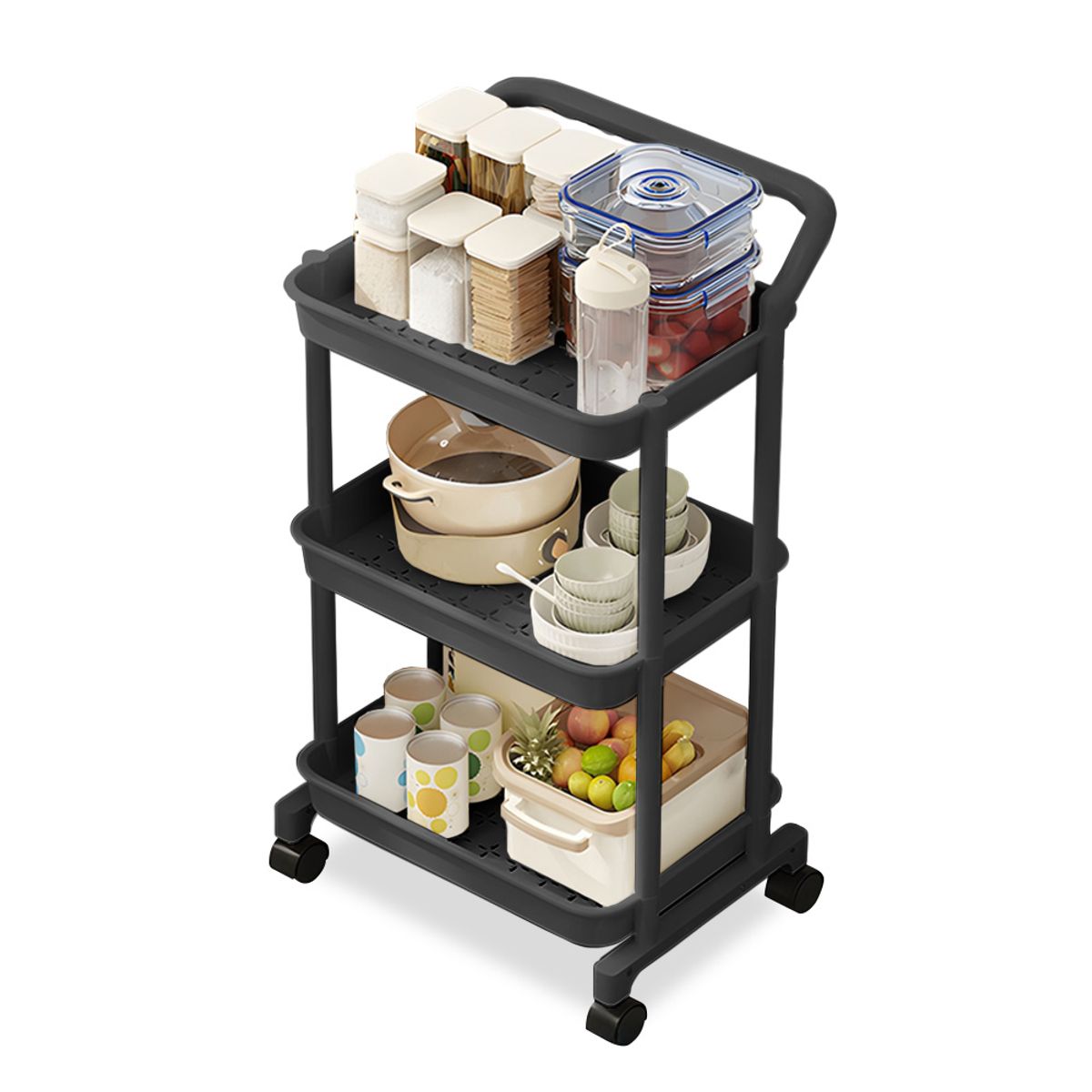 KELLER - Carrito Organizador 3 Niveles con Ruedas Y Asa para Cocina Negro C92
