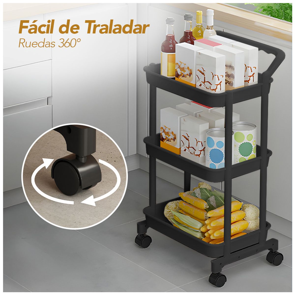 KELLER - Carrito Organizador 3 Niveles con Ruedas Y Asa para Cocina Negro C92