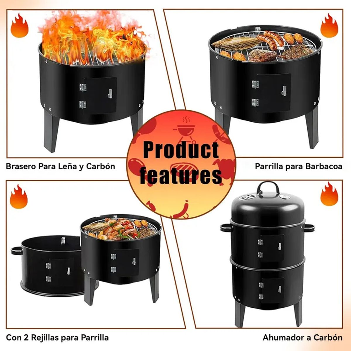 U BUY - Parrilla A Carbón 3 En 1 Ahumador  2 Parrillas De Cocción