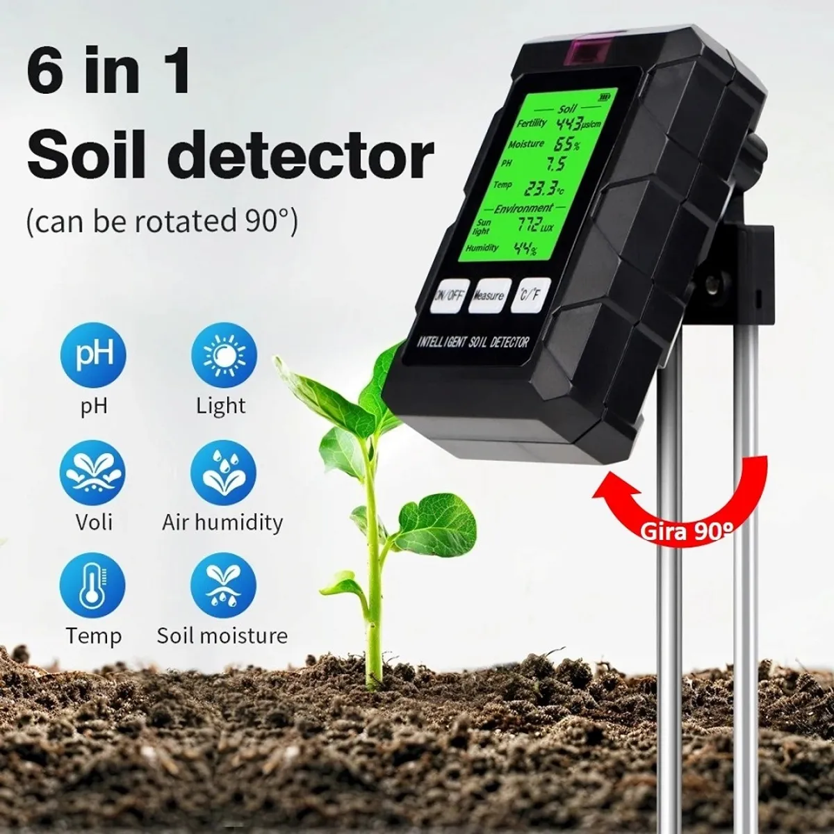 GENERICO - Medidor De Suelo 6 En 1 Gira90° Ph Fertilidad Humed Temp Luz