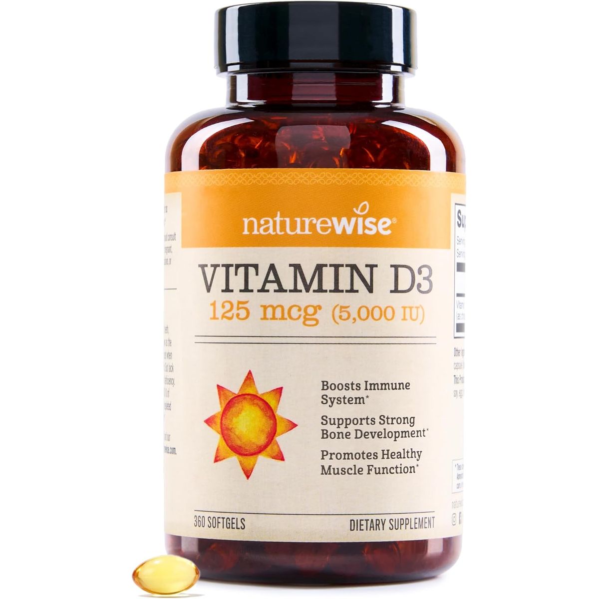 NATURAL BALANCE - NatureWise-Vitamina D3, 5000 UI (125 mcg), suministro para 1 año - (360 capsulas)