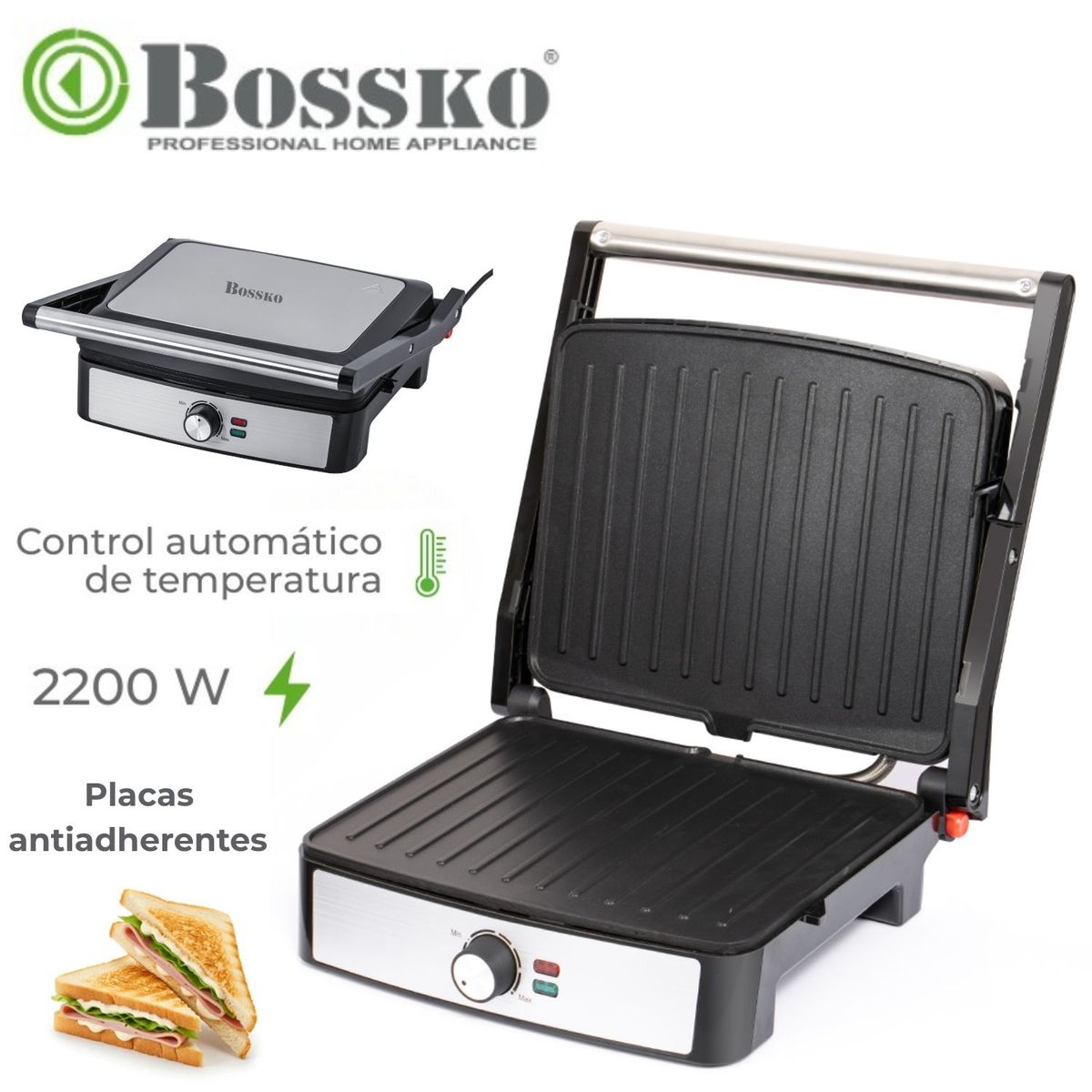 BOSSKO - Parrillera Bossko BK 430SG 2200 Watts 23 x 29cm Antiadherente Negro