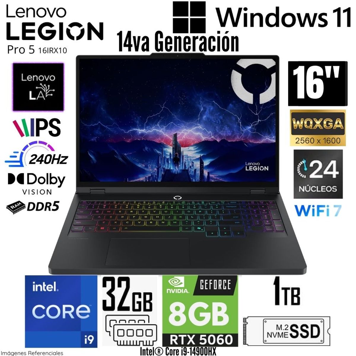 LENOVO - Laptop Lenovo Legion Pro 5 16IRX10 Intel Core i9 14900HX 32GB RAM 1TB SSD RTX 5060-8GB 16"  WQXGA