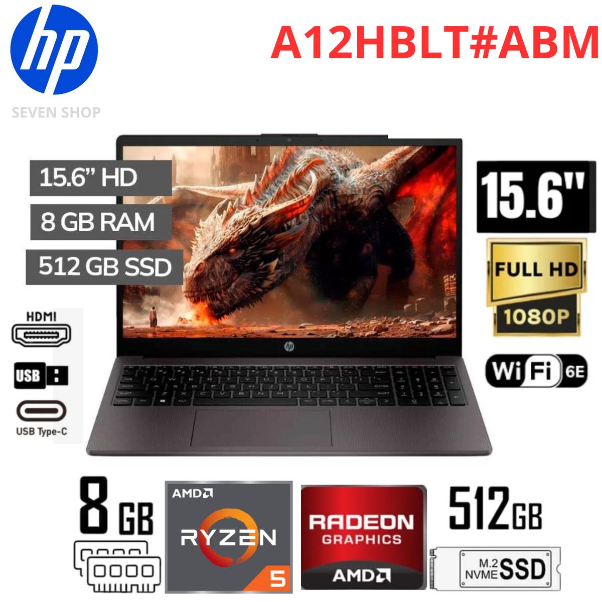 HP - Laptop HP 255 G10, AMD Ryzen 5 7520U, 15,6", RAM 8GB LPDDR5, SSD 512GB
