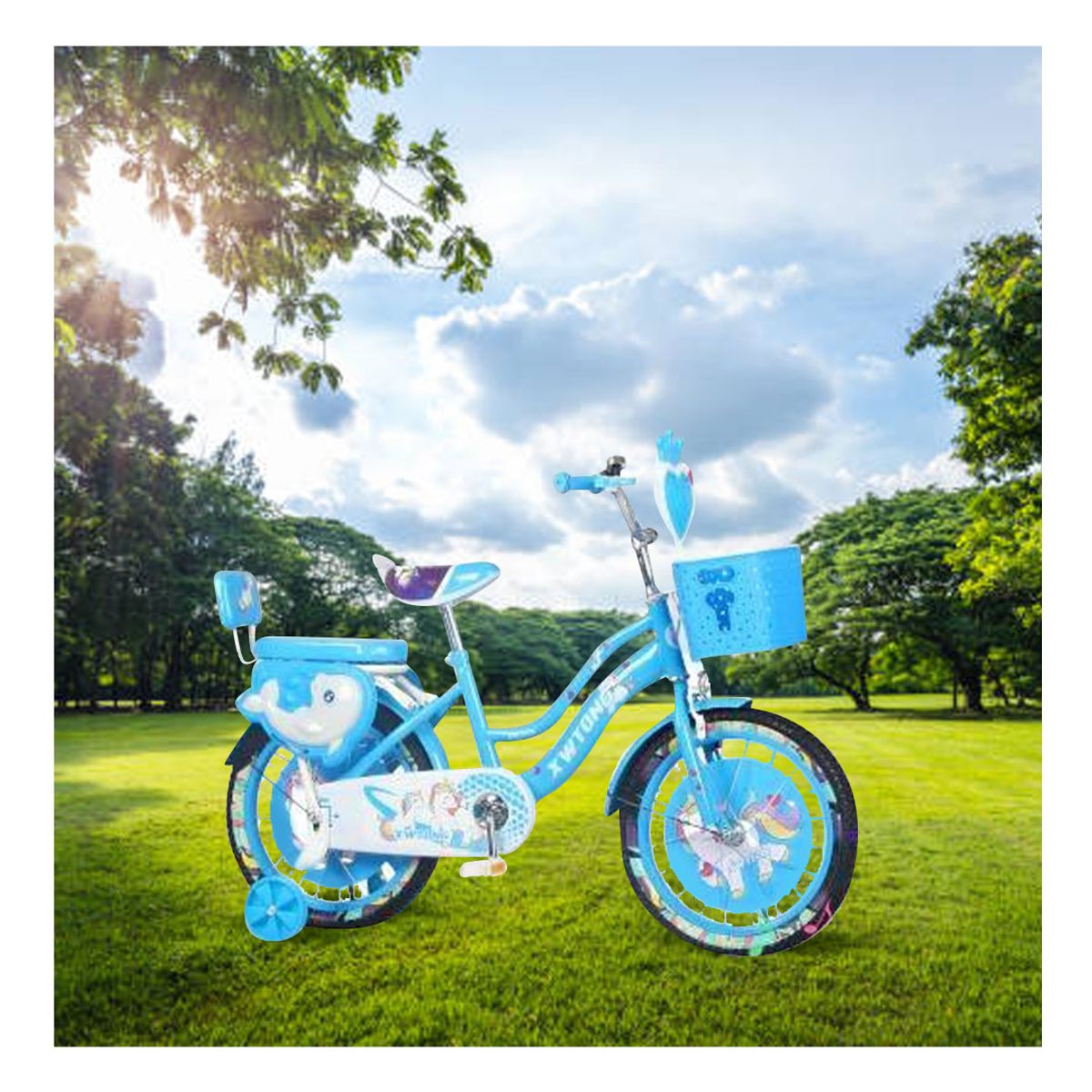 GENERICO - Bicicleta Para Niña Delfín Infantil Kids Aro 16 Luz Sonido Celeste 8148