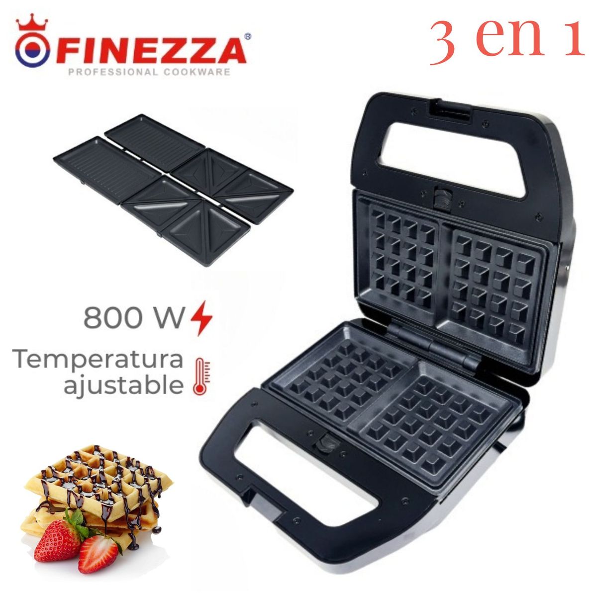 FINEZZA - Sandwichera Finezza FZ-829W3 Intercambiables para Waffles y Grill 3 en 1 Negro