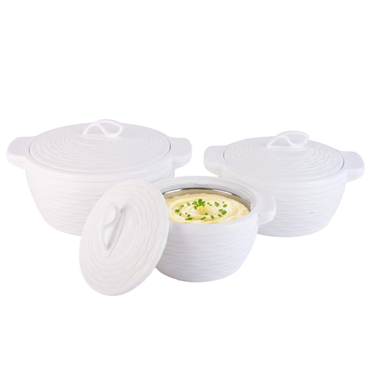 BELESSI - Set de 3 Fuentes Insuladas Blancas Multiuso (fuente y contenedor) con Tapa